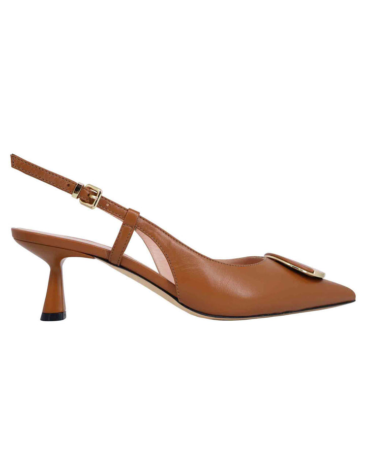 Spatarella Decollete Slingback Donna In Pelle Cuoio Con Tacco Basso E Fibbia In Oro