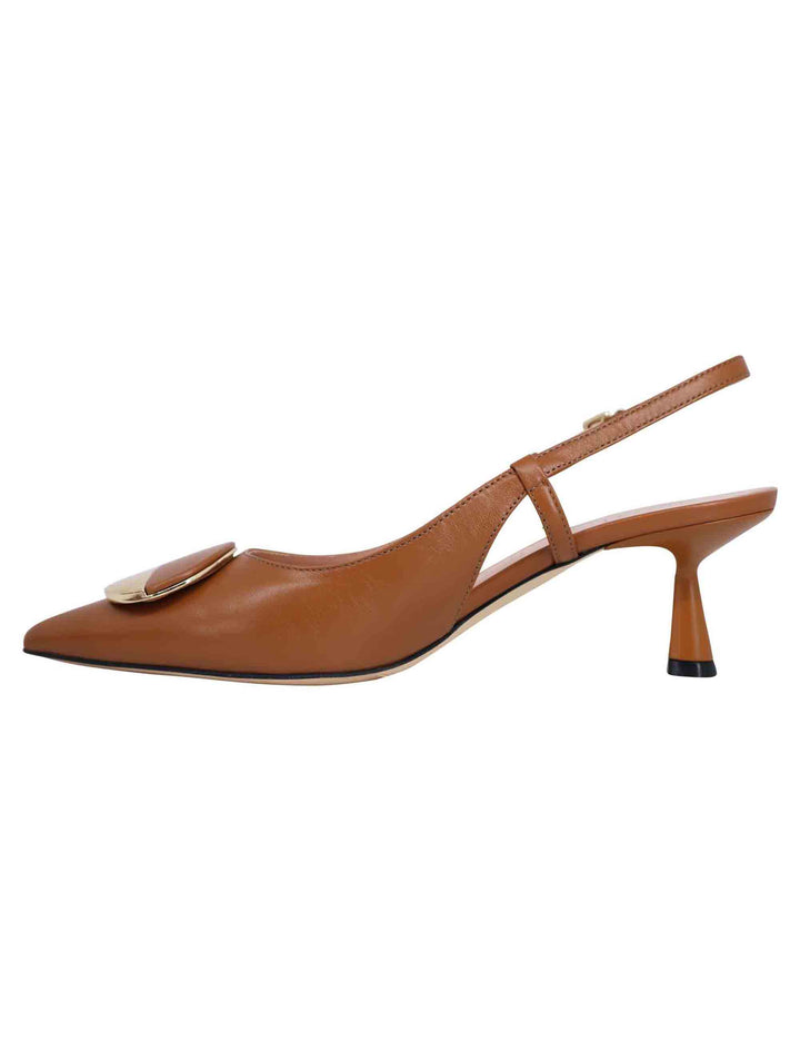 Spatarella Decollete Slingback Donna In Pelle Cuoio Con Tacco Basso E Fibbia In Oro
