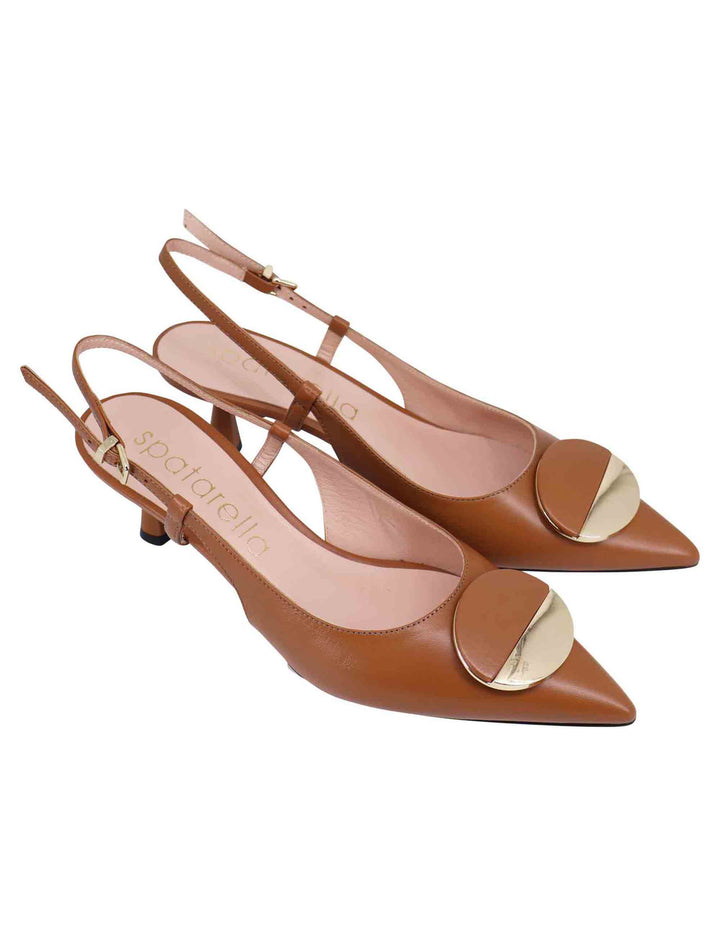 Spatarella Decollete Slingback Donna In Pelle Cuoio Con Tacco Basso E Fibbia In Oro