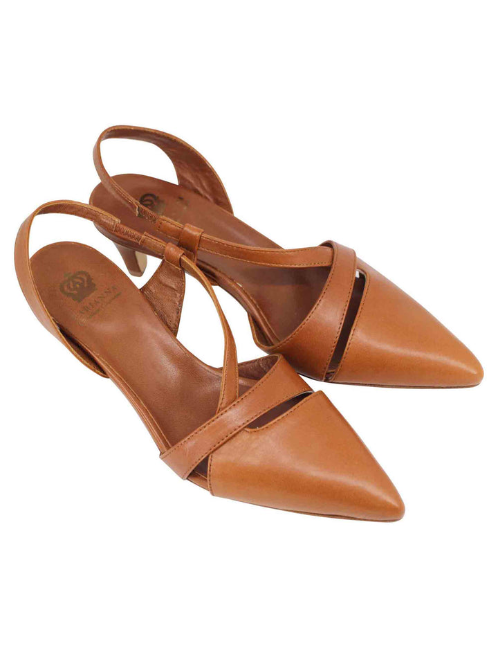 Spatarella Decollete Slingback Donna In Pelle Cuoio Con Tacco Basso