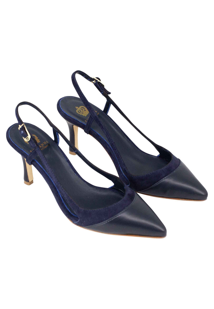Spatarella Decollete Slingback Donna In Pelle E Camoscio Blu Tacco Alto