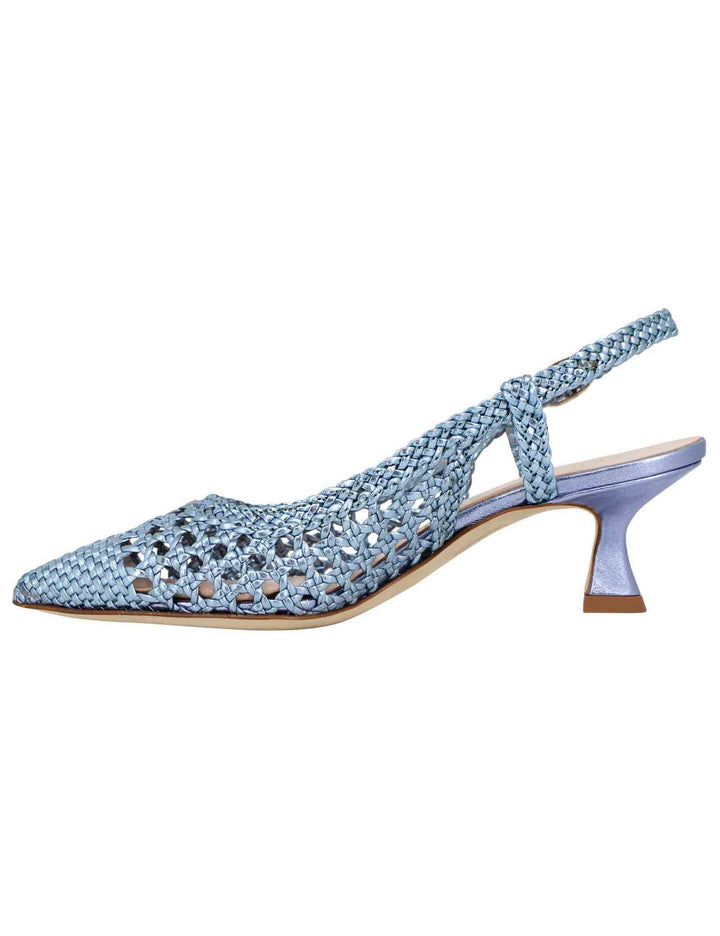 Spatarella Decollete Slingback Donna In Pelle Intrecciata Laminata Celeste Con Tacco In Tinta
