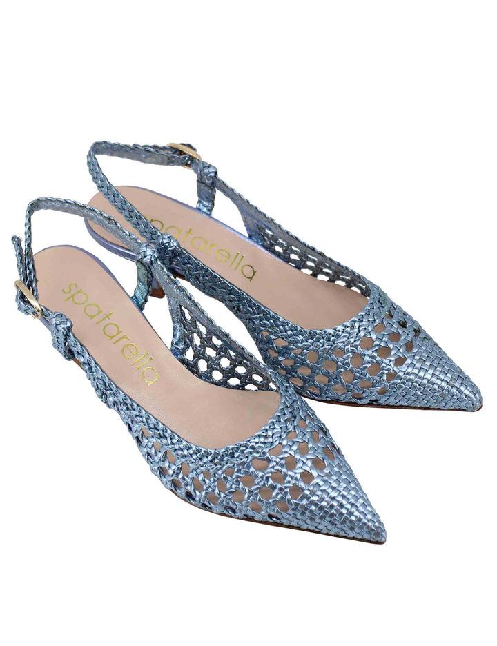 Spatarella Decollete Slingback Donna In Pelle Intrecciata Laminata Celeste Con Tacco In Tinta
