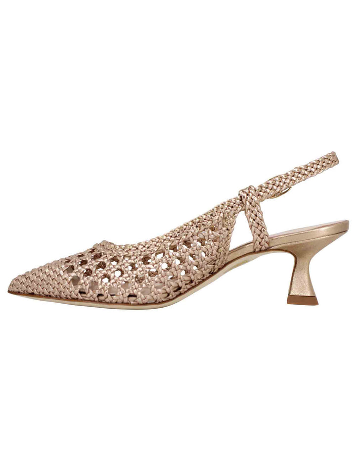 Spatarella Decollete Slingback Donna In Pelle Intrecciata Laminata Oro Con Tacco In Tinta