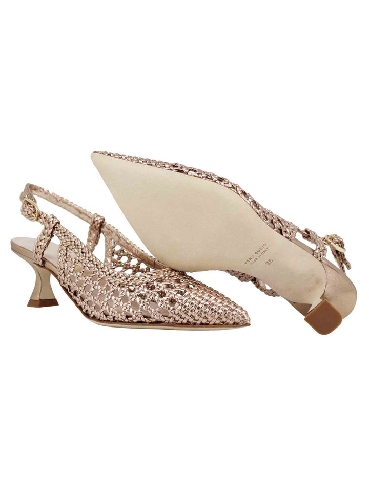 Spatarella Decollete Slingback Donna In Pelle Intrecciata Laminata Oro Con Tacco In Tinta