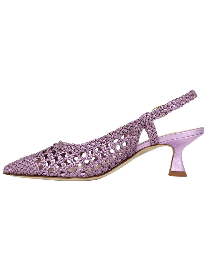 Spatarella Decollete Slingback Donna In Pelle Intrecciata Laminata Lilla Con Tacco In Tinta