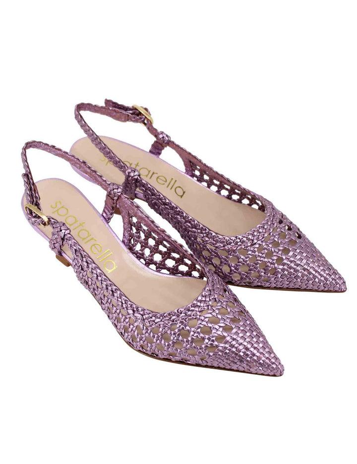 Spatarella Decollete Slingback Donna In Pelle Intrecciata Laminata Lilla Con Tacco In Tinta