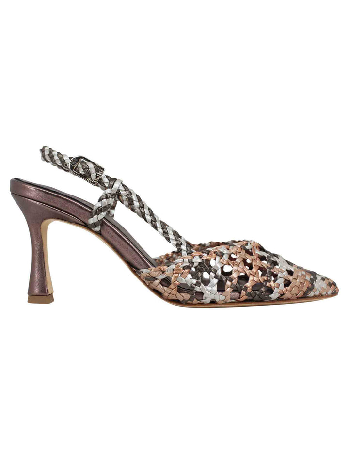 Spatarella Decollete Slingback Donna In Pelle Intrecciata Taupe Laminata Con Tacco Alto