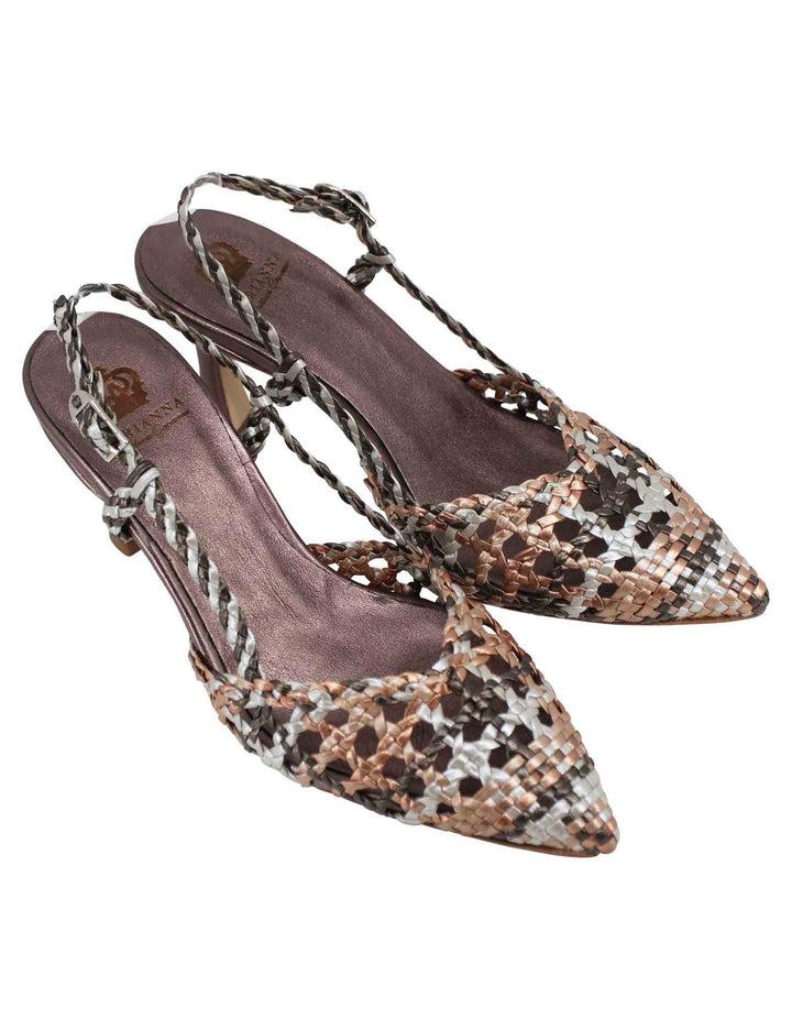Spatarella Decollete Slingback Donna In Pelle Intrecciata Taupe Laminata Con Tacco Alto