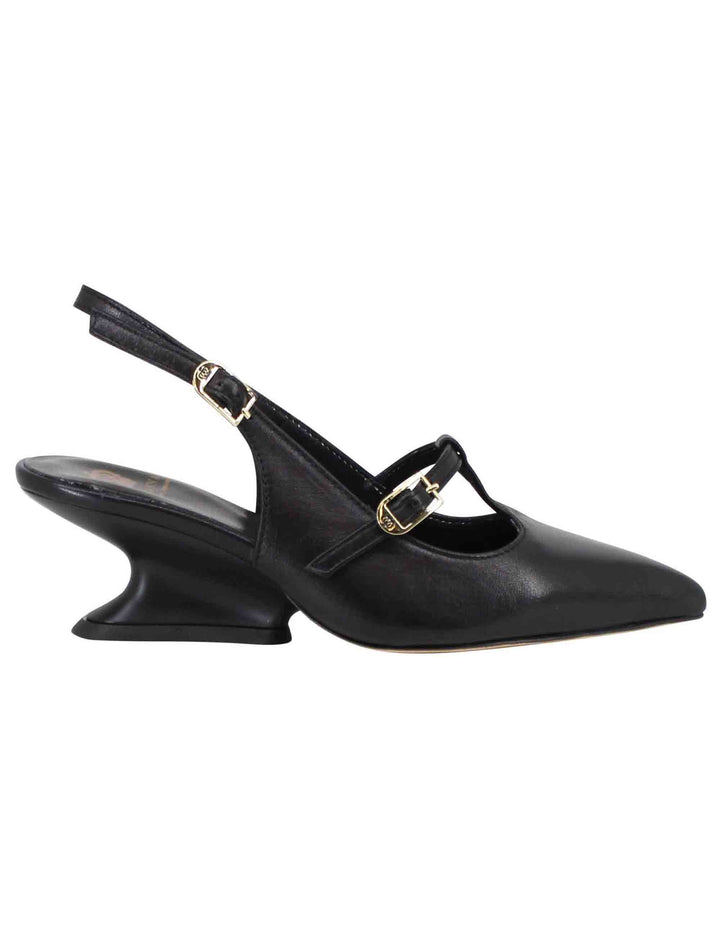 Spatarella Decollete Slingback Donna In Pelle Nera Con Tacco Zeppa