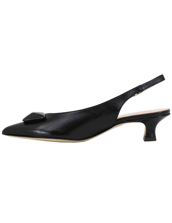 Spatarella Decollete Slingback Donna In Pelle Nera Con Tacco Basso Ed Accessorio In Tinta