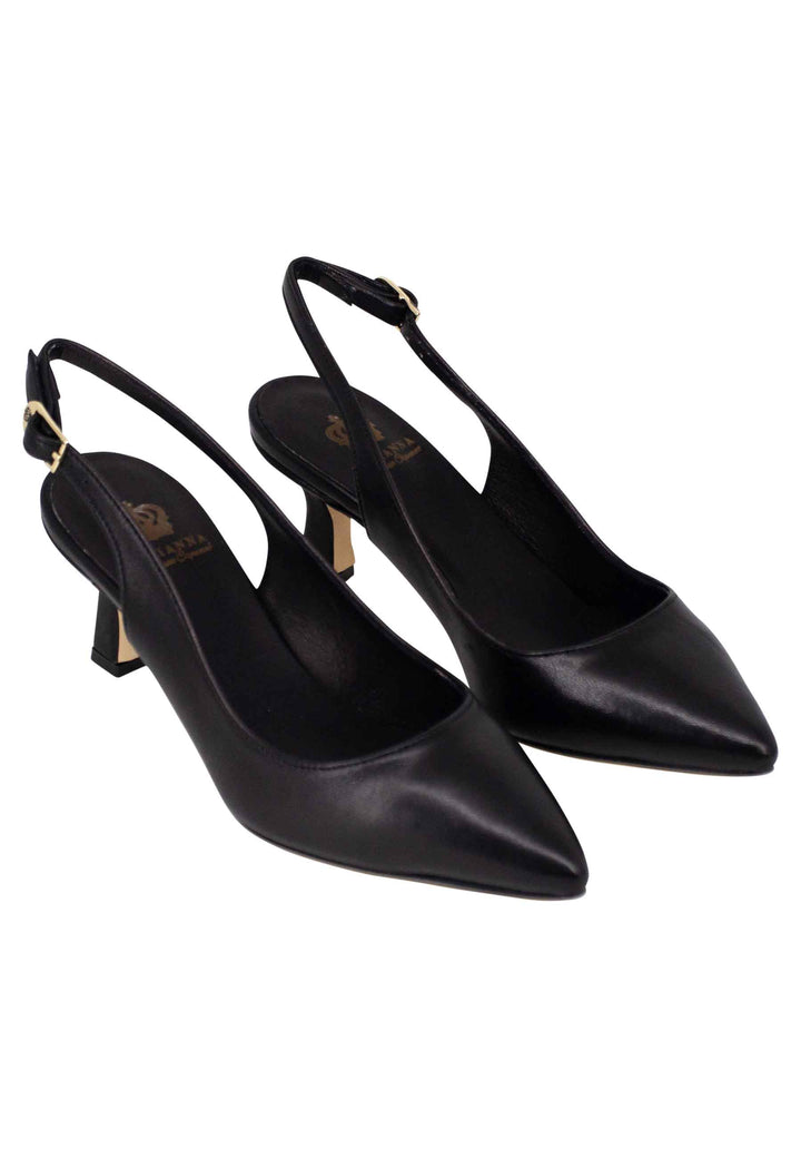 Spatarella Decollete Slingback Donna In Pelle Nera Suola In Cuoio