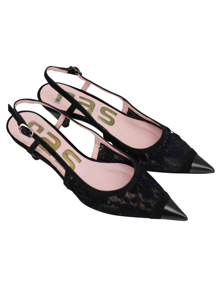 Spatarella Decollete Slingback Donna In Pizzo Nero Con Punta A Punta