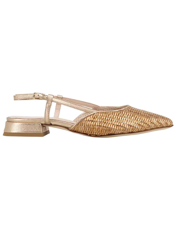 Spatarella Decollete Slingback Donna In Rafia Oro Con Riporti In Pelle Oro E Tacco Basso