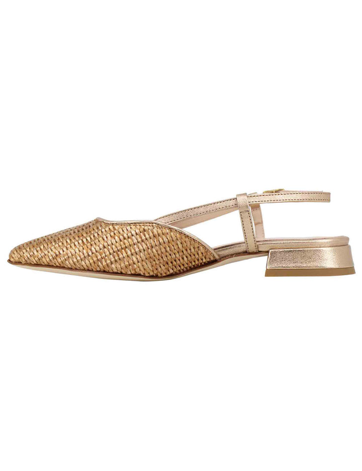 Spatarella Decollete Slingback Donna In Rafia Oro Con Riporti In Pelle Oro E Tacco Basso