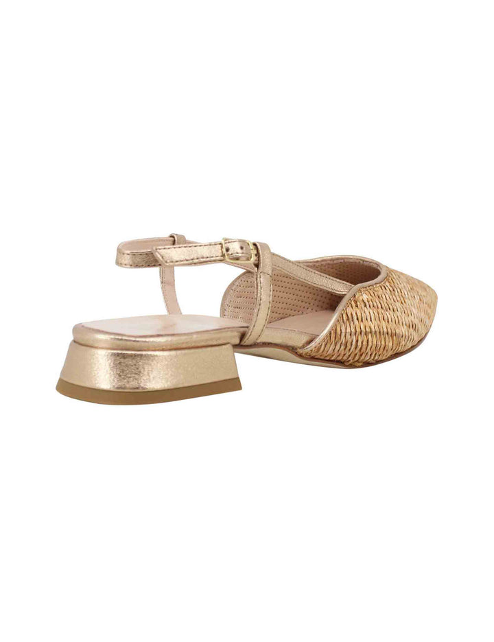 Spatarella Decollete Slingback Donna In Rafia Oro Con Riporti In Pelle Oro E Tacco Basso