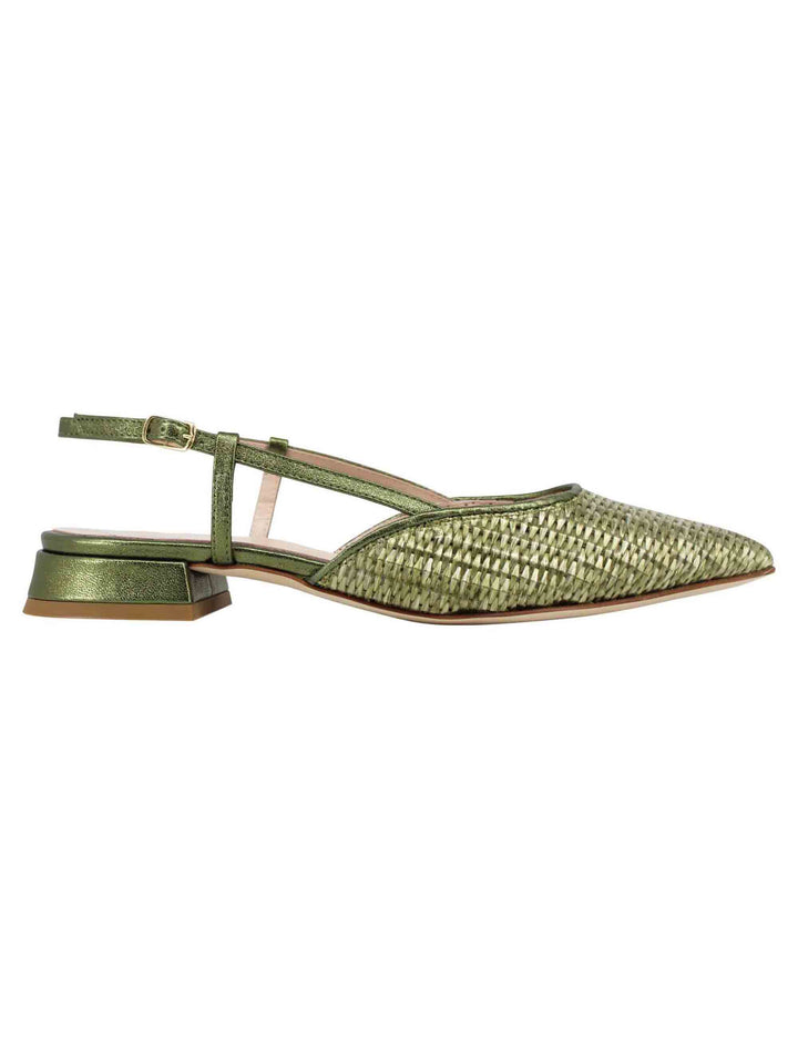 Spatarella Decollete Slingback Donna In Rafia Verde Con Riporti In Pelle Verde E Tacco Basso