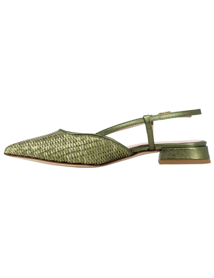 Spatarella Decollete Slingback Donna In Rafia Verde Con Riporti In Pelle Verde E Tacco Basso