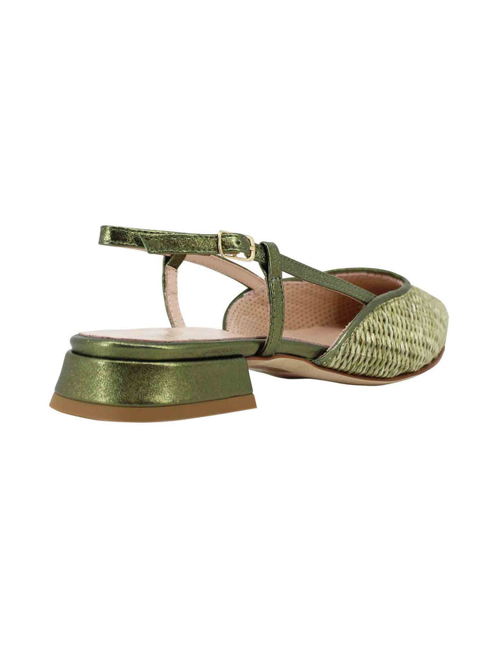 Spatarella Decollete Slingback Donna In Rafia Verde Con Riporti In Pelle Verde E Tacco Basso