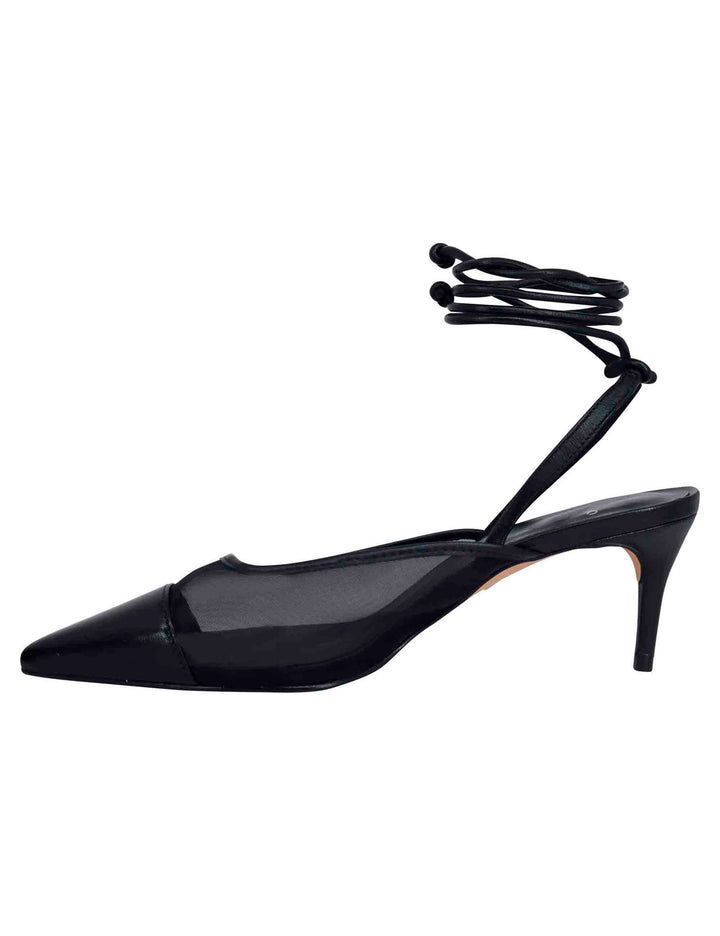 Spatarella Decollete Slingback Donna In Rete E Pelle Nera Con Punta A Punta E Laccetti Removibili