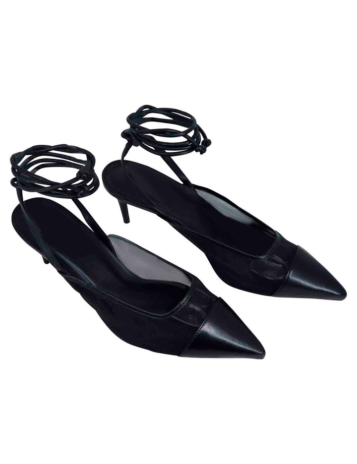 Spatarella Decollete Slingback Donna In Rete E Pelle Nera Con Punta A Punta E Laccetti Removibili
