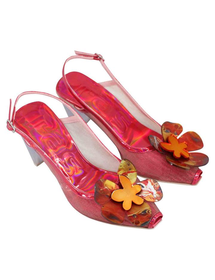 Spatarella Decollete Slingback Donna In Tessuto Fuxia Laminato Con Tacco Alto