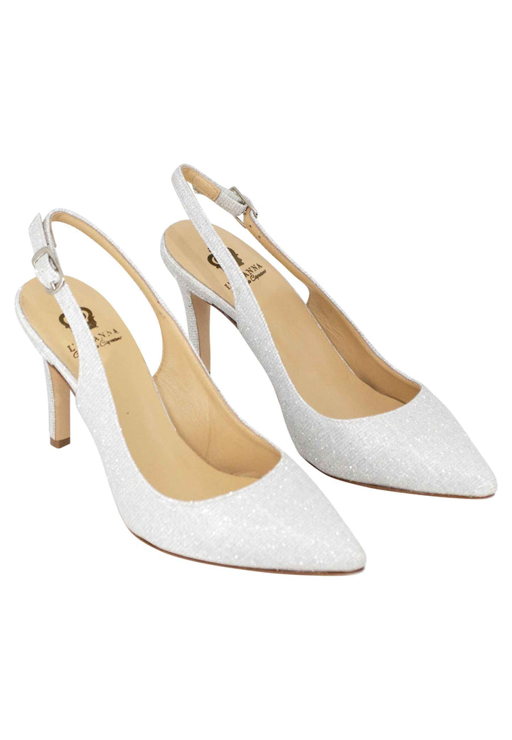 Spatarella Decollete Slingback Donna In Tessuto Glitter Bianco Tacco Alto