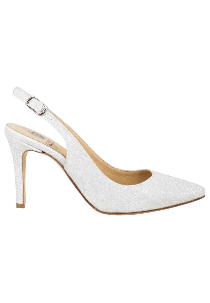 Spatarella Decollete slingback donna in tessuto glitter bianco tacco alto