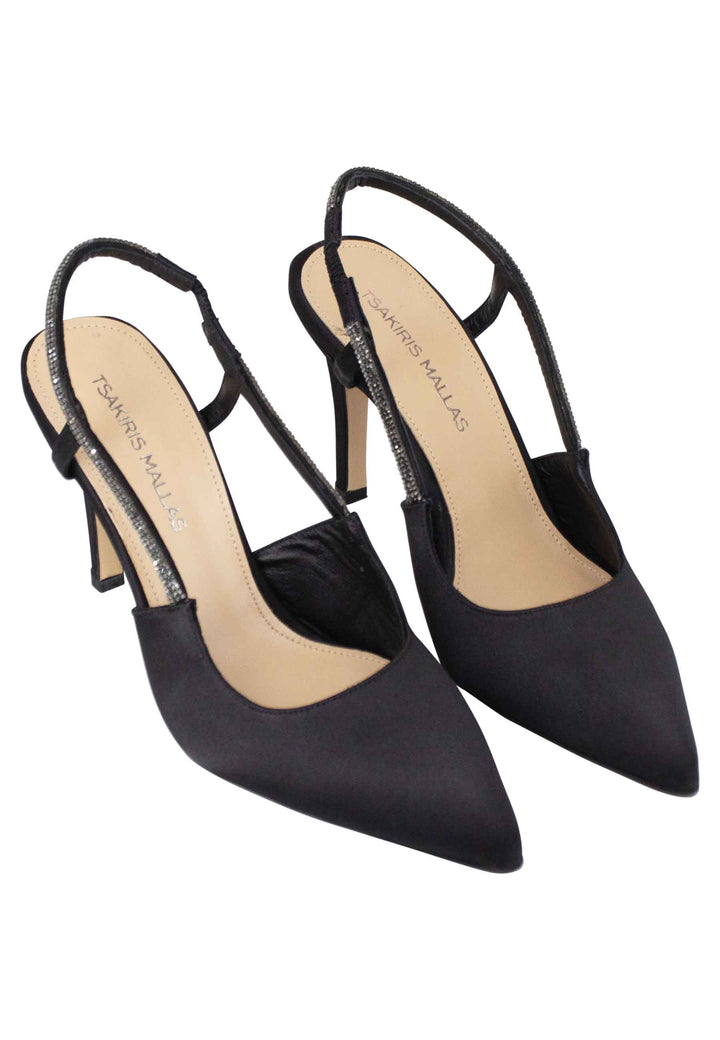 Spatarella Decollete Slingback Donna In Tessuto Nero Con Cinturino In Strass