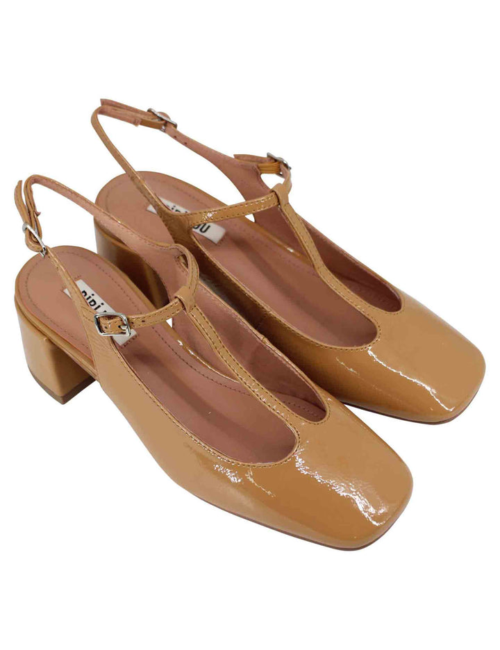 Spatarella Decollete Slingback Donna In Vernice Cammello Con Doppio Cinturino Mignon