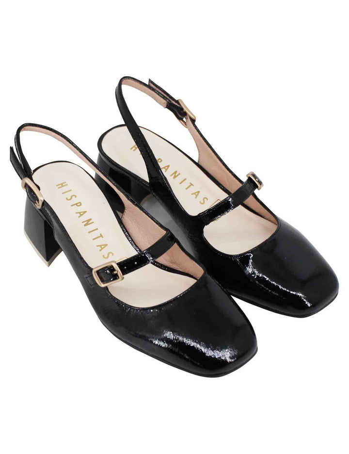Spatarella Decollete Slingback Donna In Vernice Nera Con Punta Tonda