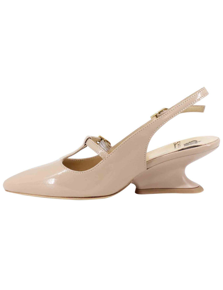 Spatarella Decollete Slingback Donna In Vernice Taupe Con Tacco Zeppa