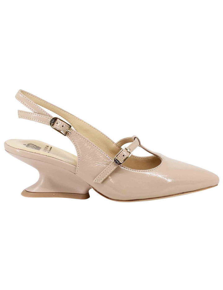 Spatarella Decollete slingback donna in vernice taupe con tacco zeppa