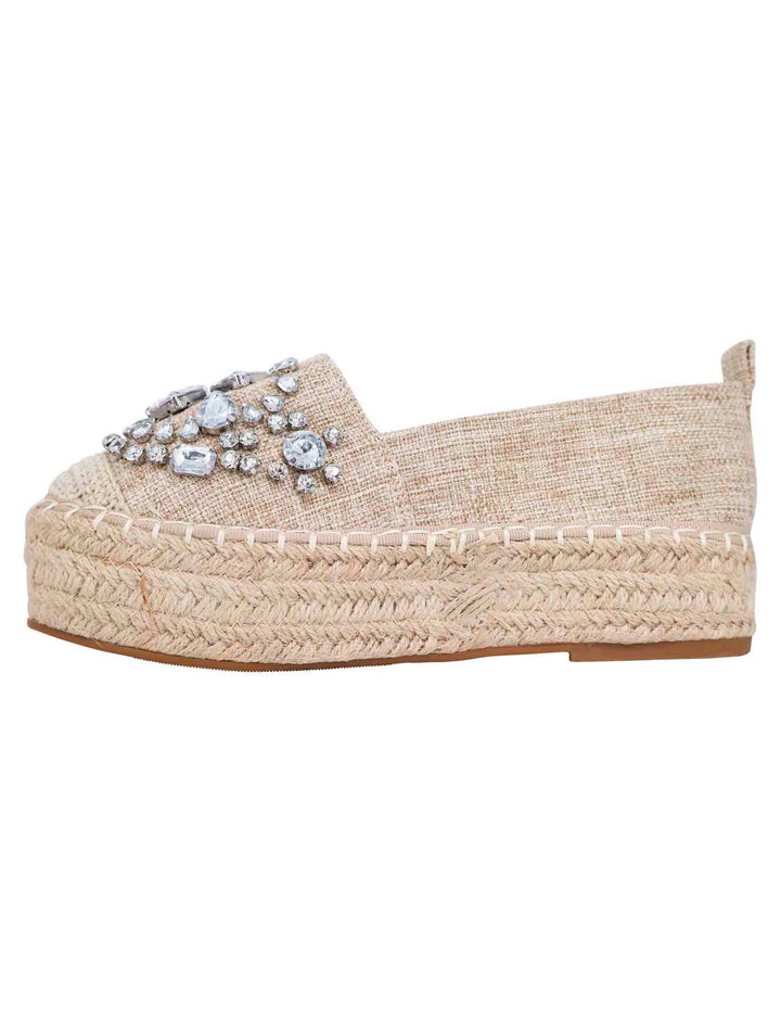Spatarella Espadrillas Donna In Tessuto Beige Con Strass E Suola Alta In Corda