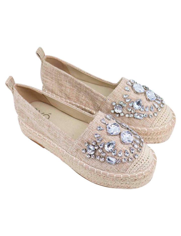 Spatarella Espadrillas Donna In Tessuto Beige Con Strass E Suola Alta In Corda