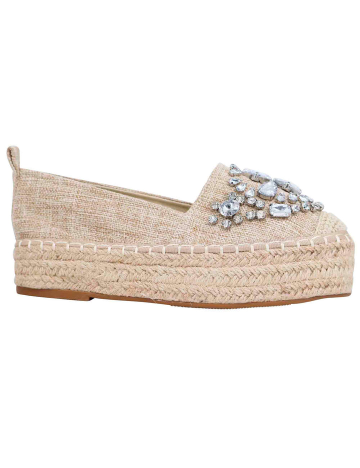 Spatarella Espadrillas donna in tessuto beige con strass e suola alta in corda