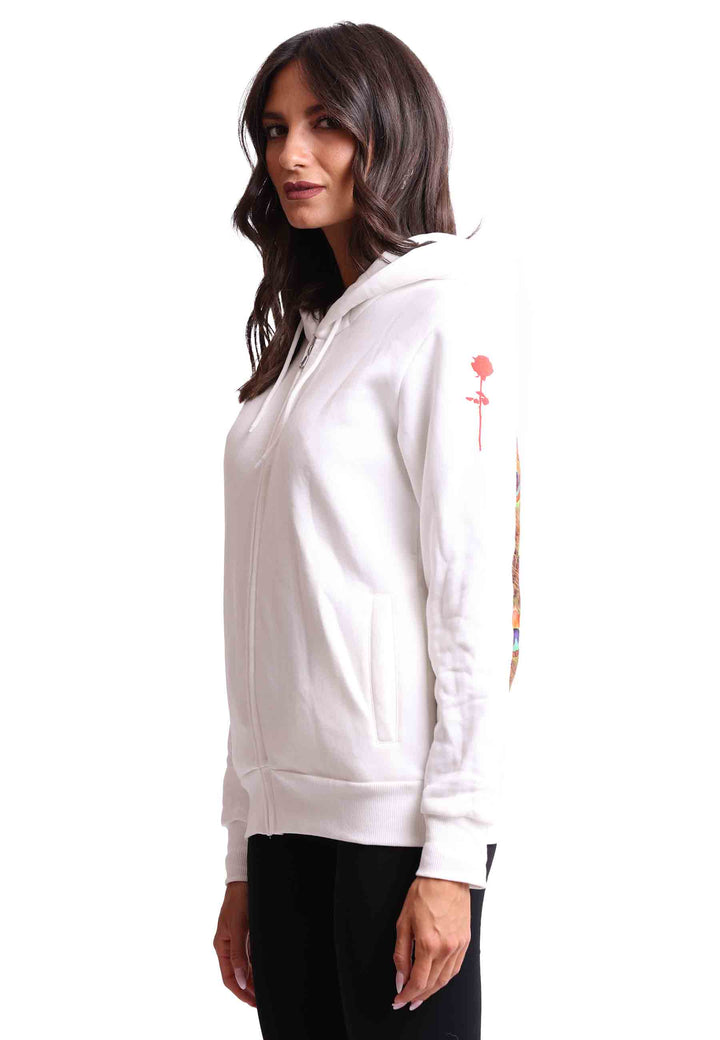 Spatarella Felpa Donna Con Cappuccio E Zip In Tessuto Bianco E Stampa In Seta
