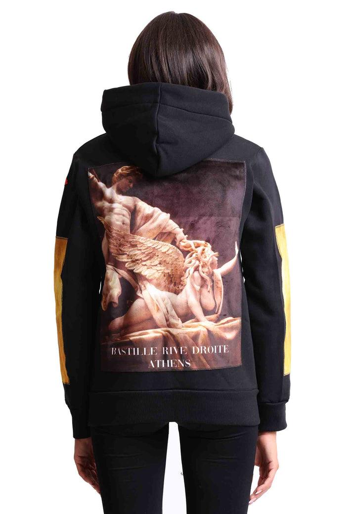 Spatarella Felpa Donna Con Cappuccio E Zip In Tessuto Nero E Stampa In Seta