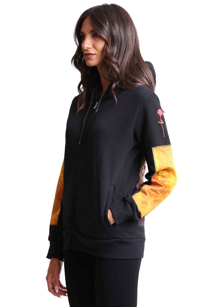 Spatarella Felpa Donna Con Cappuccio E Zip In Tessuto Nero E Stampa In Seta