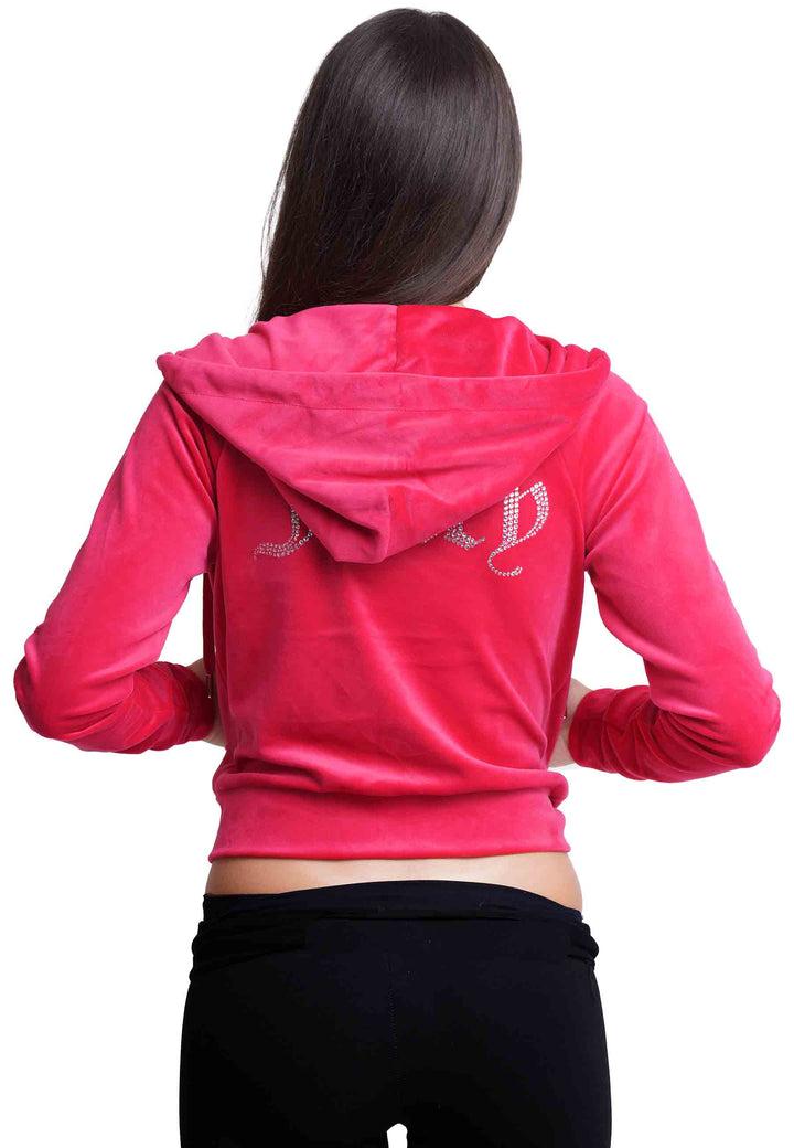 Spatarella Felpa Donna Diamond In Velluto Fuxia Con Cappuccio E Strass