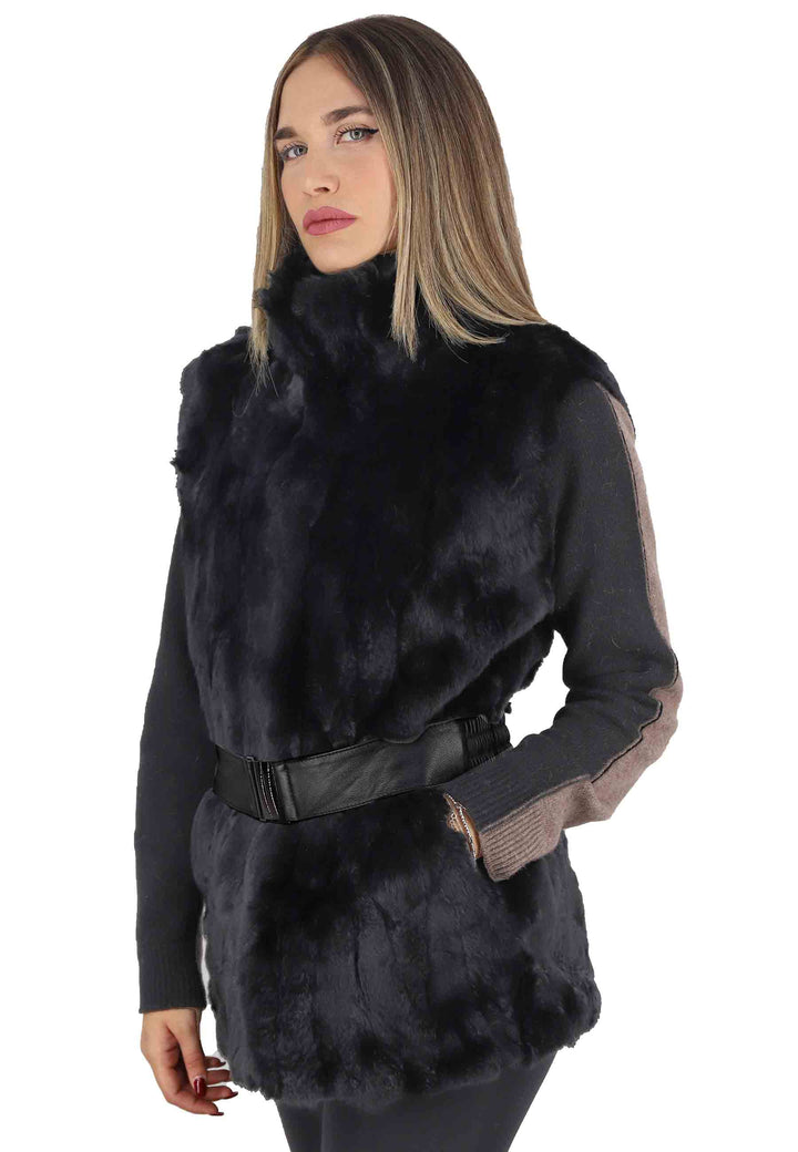 Spatarella Gilet Donna In Lapin Nero Con Collo Alto