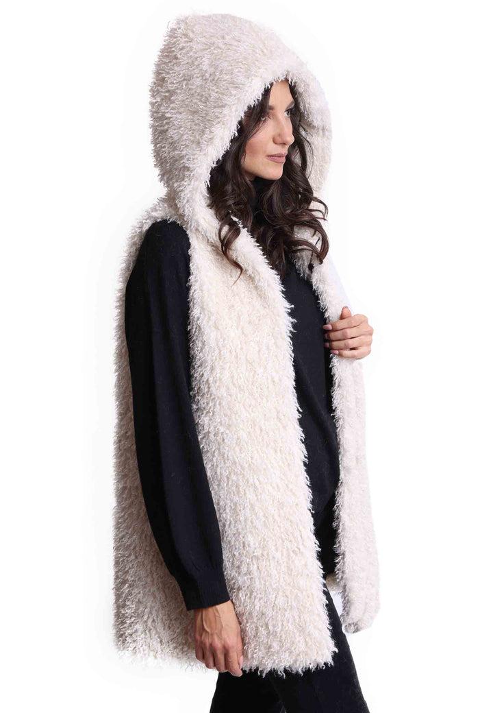 Spatarella Gilet Teddy Donna In Eco Fur Bianco Con Cappuccio E Giro Manica