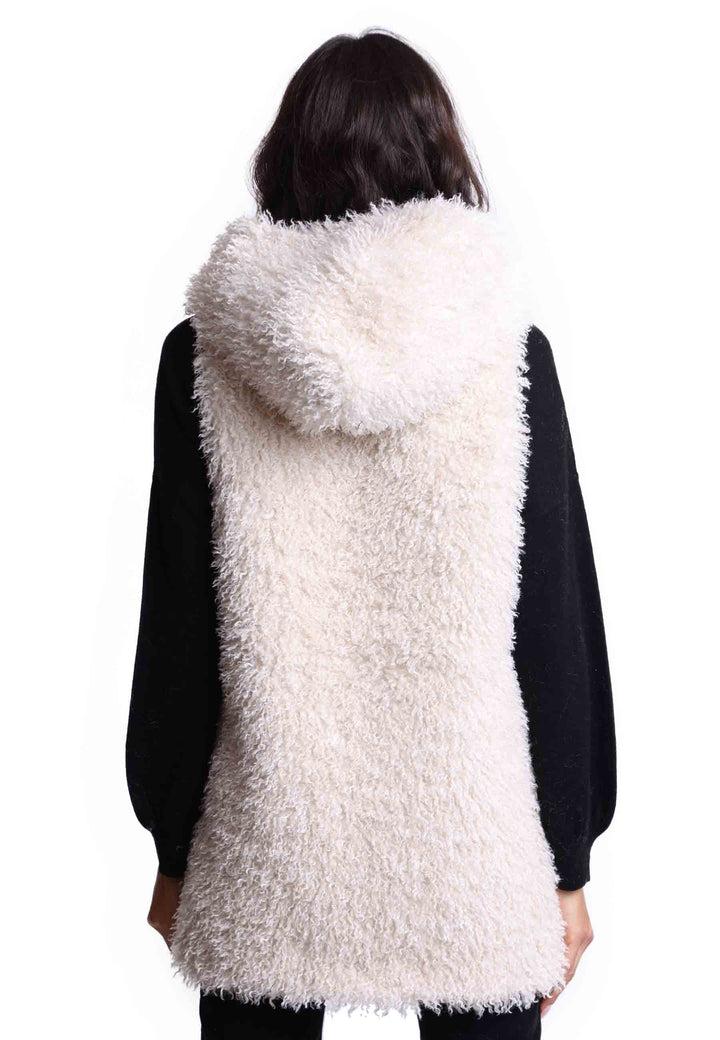 Spatarella Gilet Teddy Donna In Eco Fur Bianco Con Cappuccio E Giro Manica