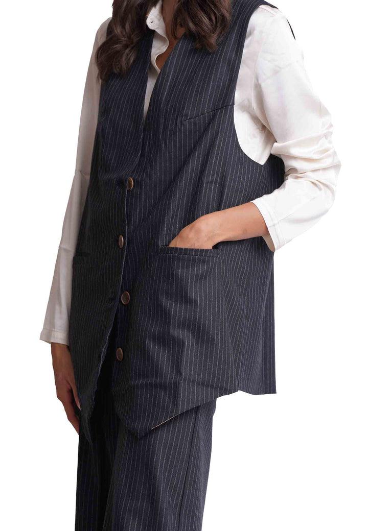 Spatarella Maxi Gilet Donna In Gessato Nero Monopetto