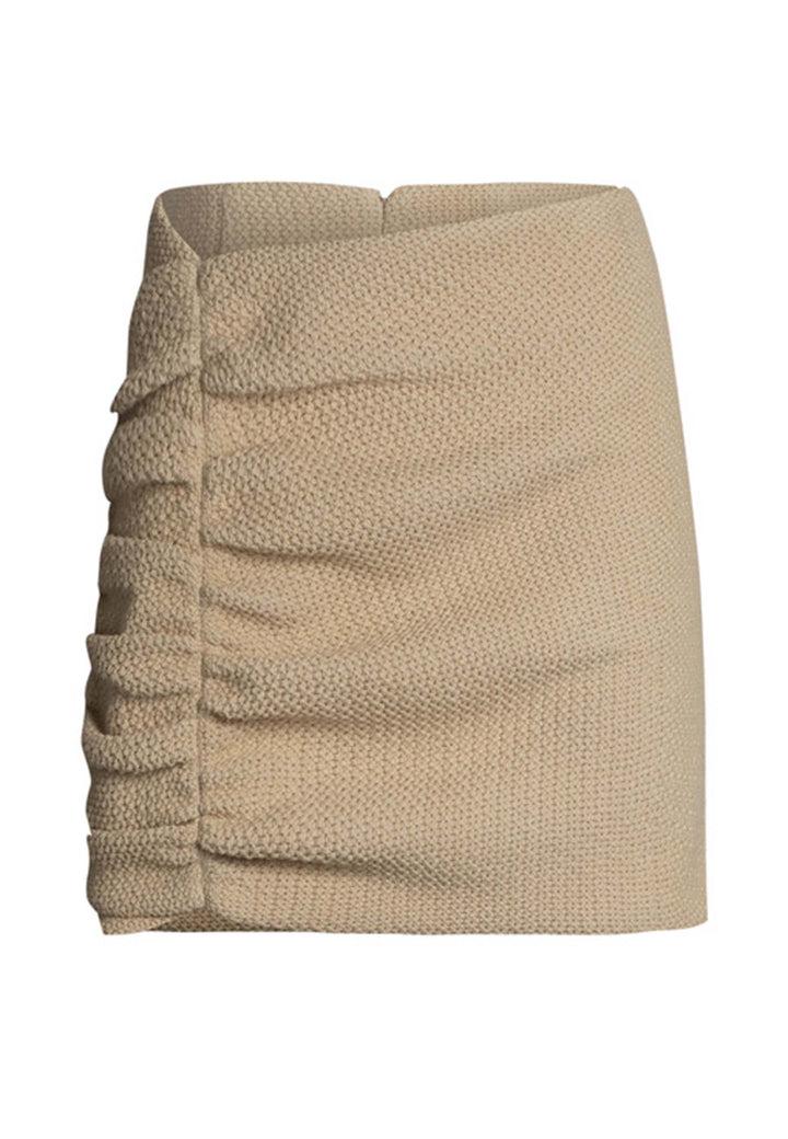 Spatarella Mini gonna donna in cotone beige con arricciatura laterale