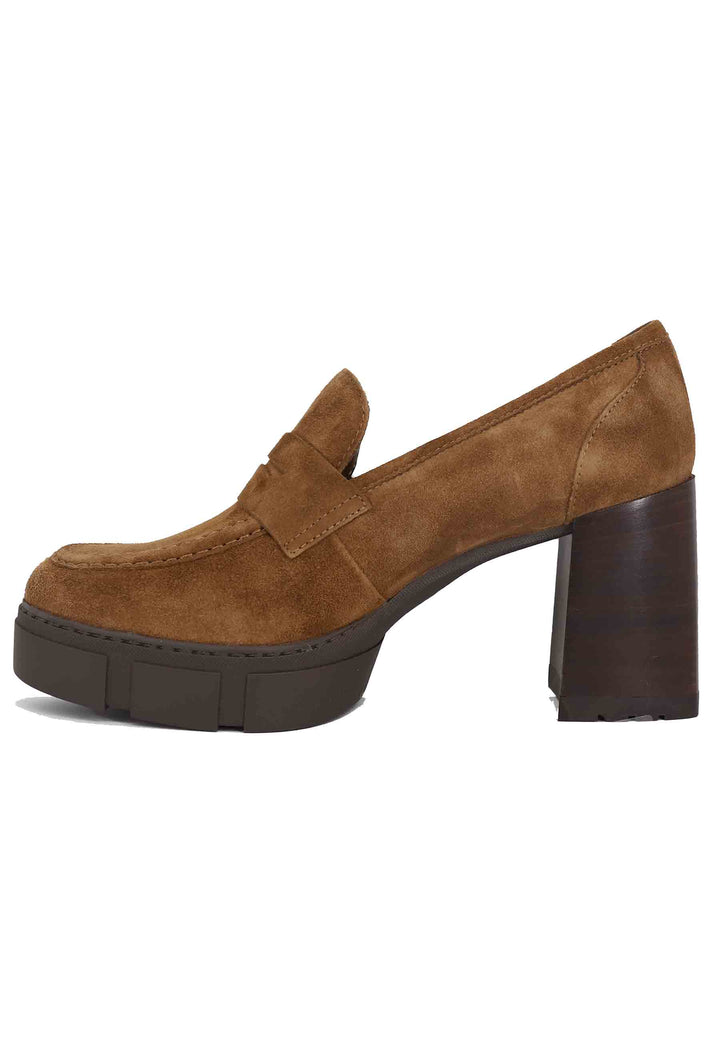 Spatarella Mocassini Donna In Camoscio Cuoio Con Tacco Alto E Plateau