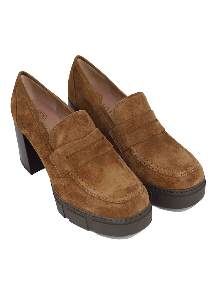 Spatarella Mocassini Donna In Camoscio Cuoio Con Tacco Alto E Plateau