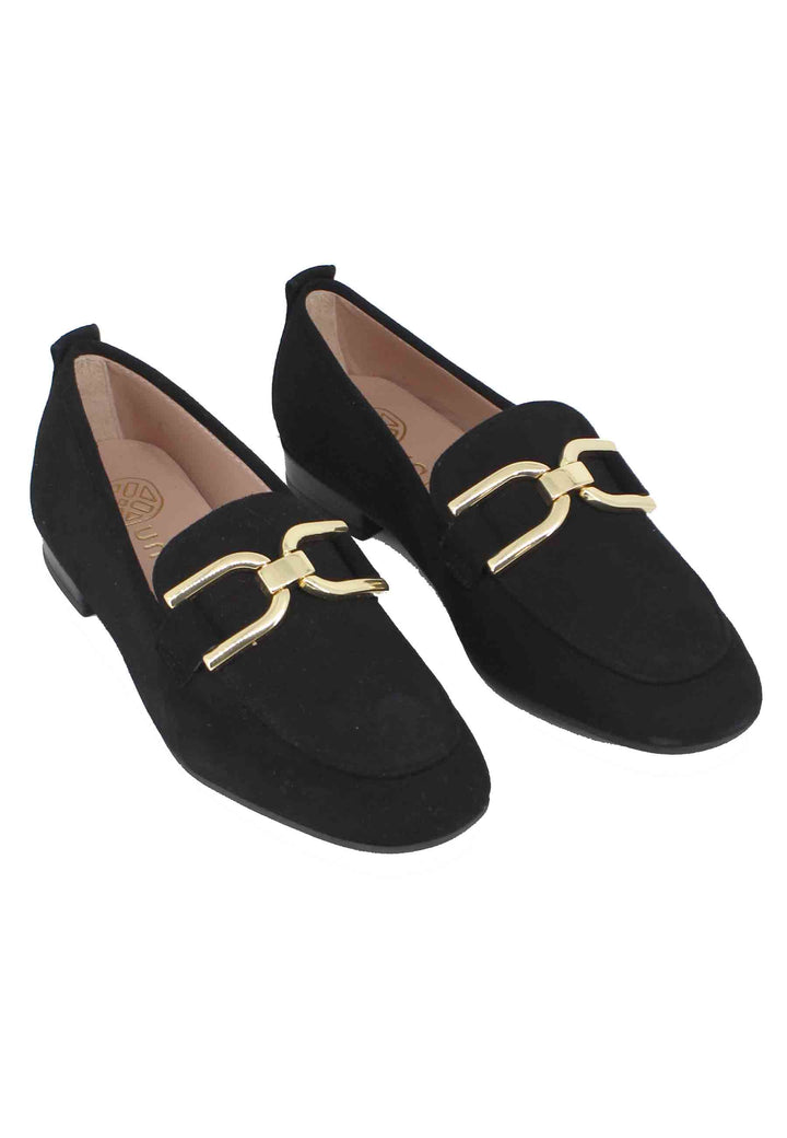 Spatarella Mocassini Donna In Camoscio Nero Con Morsetto Oro