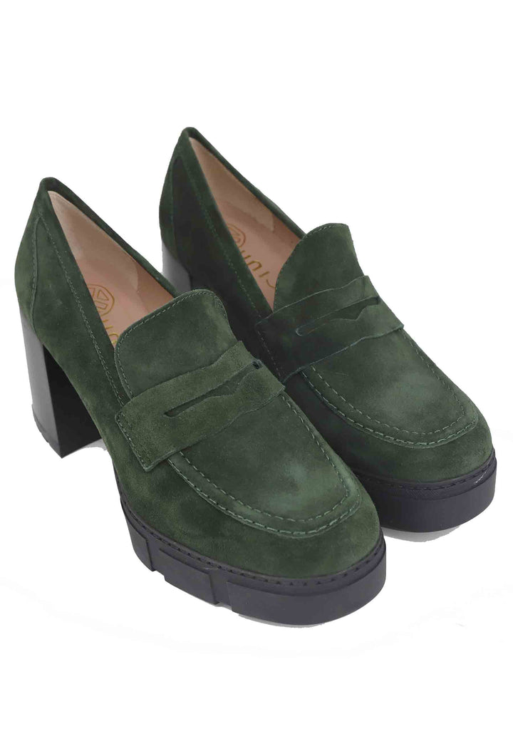 Spatarella Mocassini Donna In Camoscio Verde Con Tacco Alto E Plateau