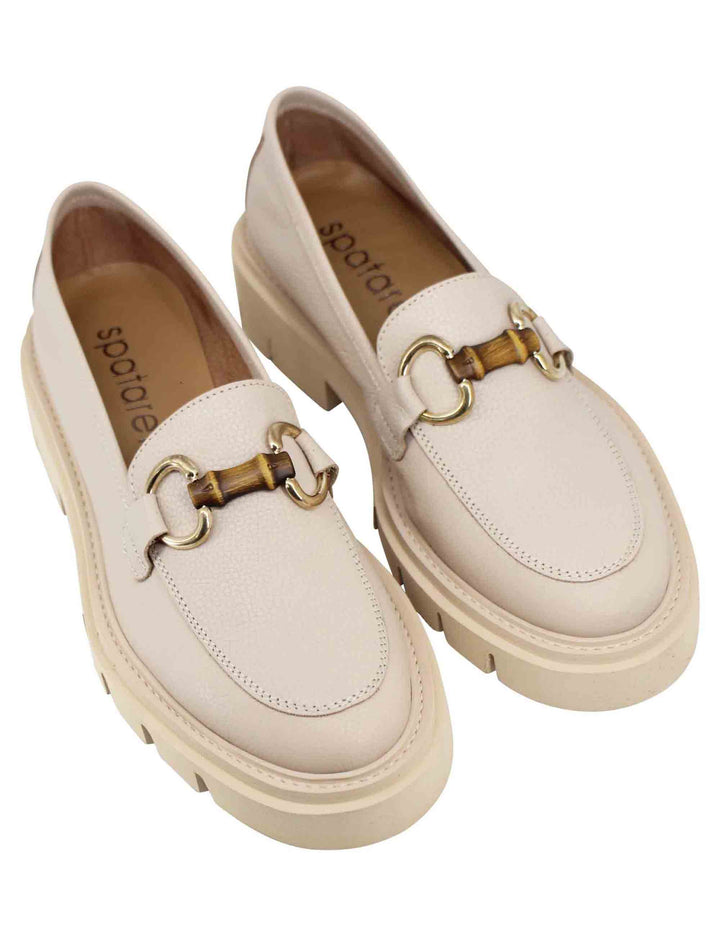 Spatarella Mocassini Donna In Pelle Beige Con Suola Carrarmato Leggera